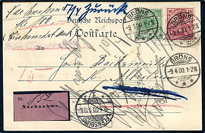 5 pfg. Ciffer og 10 pfg. Germania på brevkort med postopkrævning fra Bröns d. 9.4.1900 til Flensburg. Retur som ej indløst.