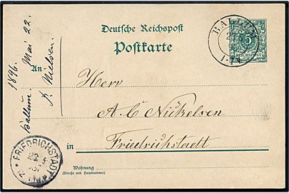 5 pfg. helsagsbrevkort annulleret med toringsstempel Ballum d. 23.5.1896 til Friedrichstadt.