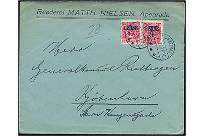 10 øre 1. Zone udg. i parstykke på brev annulleret med brotype IVb Aabenraa sn2 d. 15.7.1920 til Kjøbenhavn.