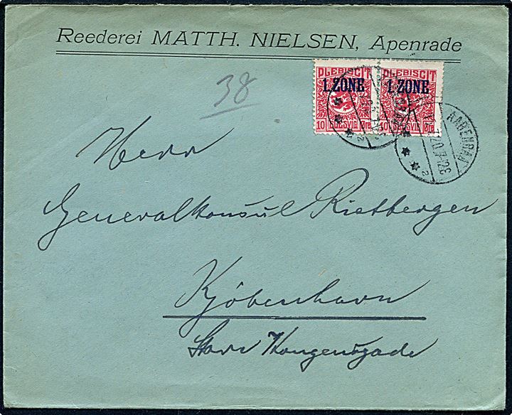 10 øre 1. Zone udg. i parstykke på brev annulleret med brotype IVb Aabenraa sn2 d. 15.7.1920 til Kjøbenhavn.