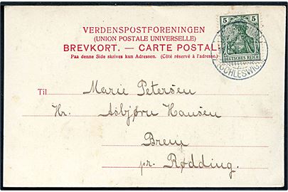 5 pfg. Germania på brevkort stemplet Aggerschau (Schleswig) d. 11.1.1910 til Rødding.