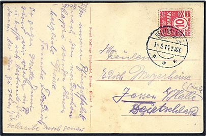 10 øre Bølgelinie på brevkort annulleret med brotype IIa Helligdommen d. 1.6.1914 til Halle, Tyskland. Har fået lidt fugt.