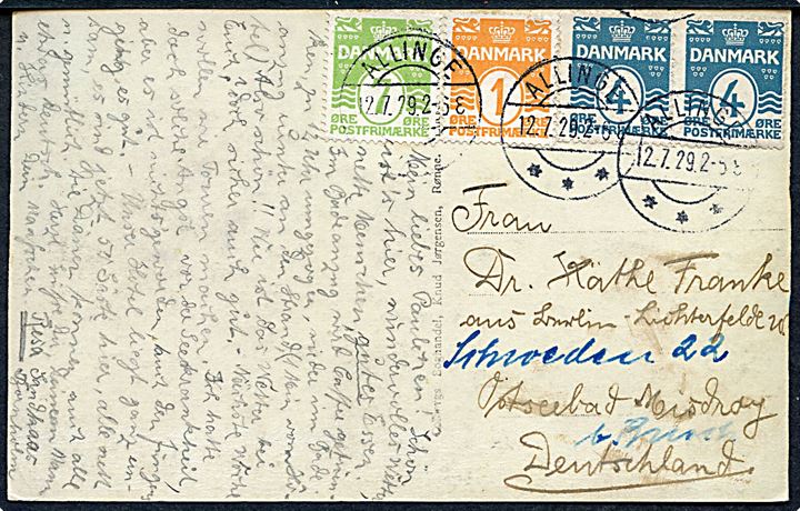 1 øre, 4 øre (par) og 7 øre Bølgelinie på brevkort annulleret med brotype IIb Allinge d. 12.7.1929 til Tyskland.