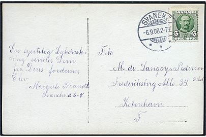 5 øre Fr. VIII på brevkort annulleret med brotype Ia Svaneke d. 6.9.1908 til København.