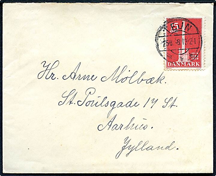 15 øre Stavnsbånd på brev annulleret med brotype IIc Tejn d. 25.8.1938 til Aarhus.