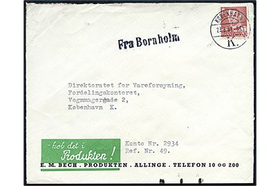 20 øre Fr. IX på firmakuvert fra E. M. Bech i Allinge annulleret København d. 23.3.1950 og sidestemplet Fra Bornholm til København. Sorte ombæringskontrolstreger. Åbnet 2 sider.