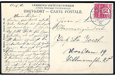 10 øre Bølgelinie på brevkort (Hotel Alexandersen i Sandvig) annulleret brotype Ia Allinge S. d. 28.8.1912 til Dresden, Tyskland.