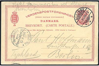 10 øre Våben helsagsbrevkort annulleret med brotype Ia Allinge d. 11.9.1904 til Berlin, Tyskland.