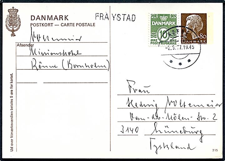 80 øre Margrethe helsagsbrevkort (fabr. 215) opfrankeret med 10 øre Bølgelinie fra Rønne d. 2.9.1977 og sidestemplet med skibsstempel Fra Ystad til Lüneburg, Tyskland.
