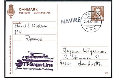 1,80 kr. Margrethe på brevkort annulleret Rønne d. 24.5.1987 og sidestemplet Navire til Landvetter, Tyskland. Privat skibsstempel: TT-Saga-Line Peter Pan Travemünde-Trelleborg.