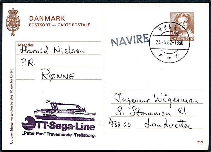 1,80 kr. Margrethe på brevkort annulleret Rønne d. 24.5.1987 og sidestemplet Navire til Landvetter, Tyskland. Privat skibsstempel: TT-Saga-Line Peter Pan Travemünde-Trelleborg.