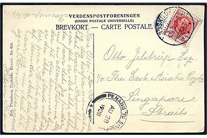 10 øre Fr. VIII på brevkort (Boserup Skov. Udsigt til Ringøen) fra Roskilde d. 8.8.1908 til Singapore, Straits Settlements. Transitstemplet Penang to Singapore d. 28.8.1908.