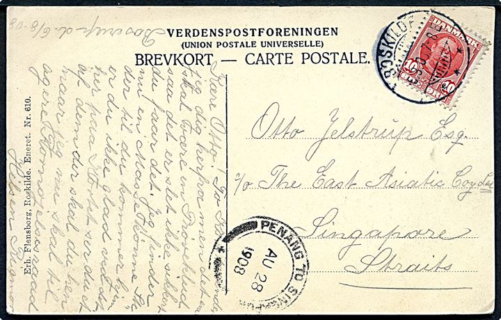 10 øre Fr. VIII på brevkort (Boserup Skov. Udsigt til Ringøen) fra Roskilde d. 8.8.1908 til Singapore, Straits Settlements. Transitstemplet Penang to Singapore d. 28.8.1908.