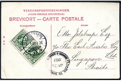 5 øre Chr. IX i parstykke på brevkort (Ny Carlsberg Glyptothek med sporvogn) fra Kjøbenhavn d. 3.1.1907 til Singapore, Straits Settlements. Transit stemplet Penang to Singapore d. 26.1.1907.