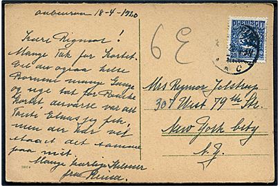 20 pfg. Fælles udg. på brevkort (Aabenraa, Farversmølle) stemplet Apenrade d. 18.4.1920 til New York, USA. God destination for Slesvig forsendelser.
