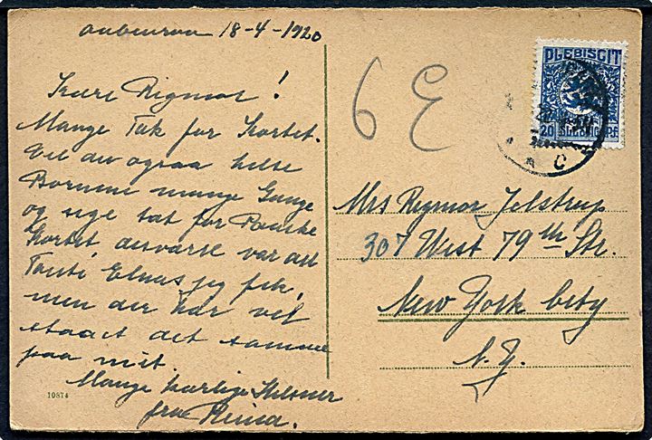20 pfg. Fælles udg. på brevkort (Aabenraa, Farversmølle) stemplet Apenrade d. 18.4.1920 til New York, USA. God destination for Slesvig forsendelser.