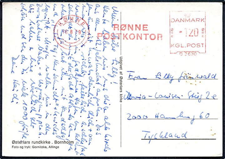 120 øre posthus franko Rønne Postkontor på brevkort fra Rønne d. 16.8.1979 til Hamburg, Tyskland.