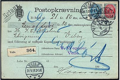 4 øre og 8 øre Tofarvet begge omv. rm. på retur Postopkrævning fra Veile d. 31.5.1901 til Viborg. Retur som ej indløst.