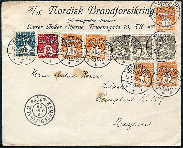 1 øre (5), 2 øre, 3 øre (3) og 4 øre Bølgelinie på 20 øre frankeret brev fra A/S Nordisk Brandforsikring i Horsens d. 16.5.1908 til Kempten, Bayern, Tyskland.