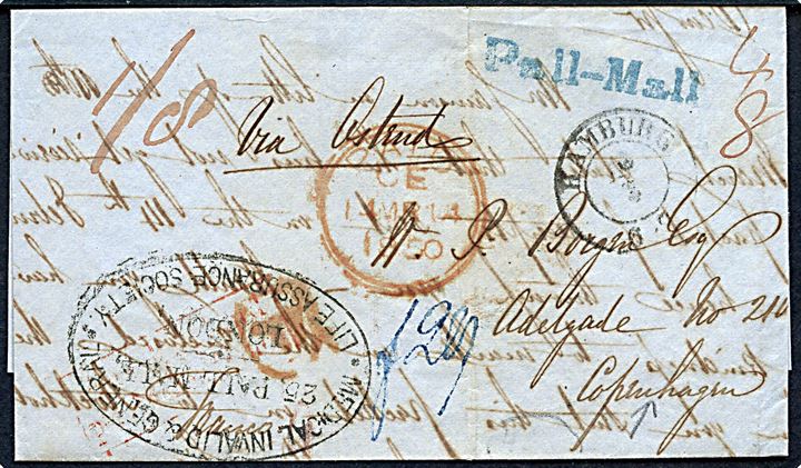 1850. Francobrev med liniestempel Pall-Mall og rødt Paid CE d. 14.3.1850 fra London via Hamburg til København, Danmark. Flere påtegninger.