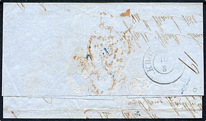 1850. Francobrev med liniestempel Pall-Mall og rødt Paid CE d. 14.3.1850 fra London via Hamburg til København, Danmark. Flere påtegninger.