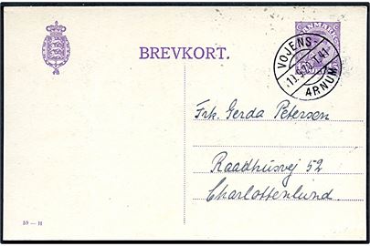 15 øre Chr. X helsagsbrevkort (fabr. 59-H) annulleret med bureaustempel Vojens - Arnum T.41 d. 19.9.1920 til Charlottenlund.