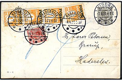 8 øre Chr. X helsagsbrevkort (fabr. 62-H) sendt underfrankeret fra Viborg d. 7.6.1922 til Haderslev. Udtakseret i porto med 1 øre (4) og 10 øre Portobrovisorium annulleret Haderslev sn2 d. 8.6.1922.