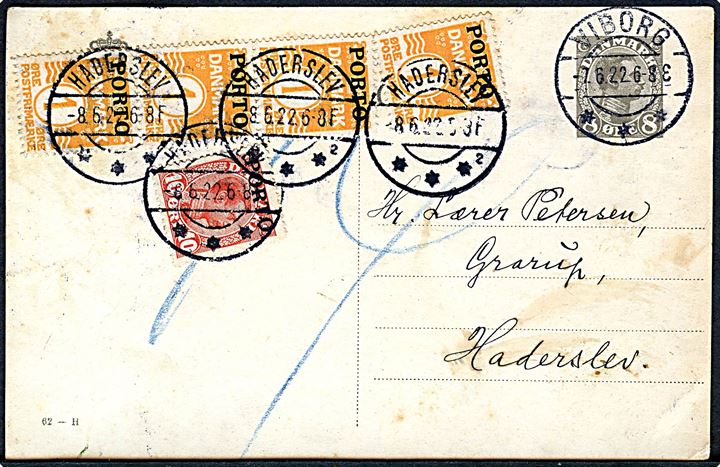 8 øre Chr. X helsagsbrevkort (fabr. 62-H) sendt underfrankeret fra Viborg d. 7.6.1922 til Haderslev. Udtakseret i porto med 1 øre (4) og 10 øre Portobrovisorium annulleret Haderslev sn2 d. 8.6.1922.