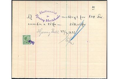 5 øre Chr. X annulleret med violet stempel Gebyr på håndskrevet kvittering for køb af frimærker ved Hjørring Postkontor d. 27.3.1920.