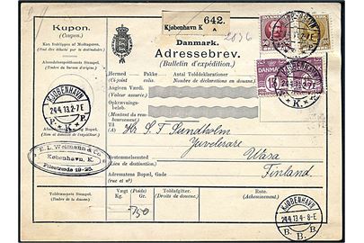 15 øre Bølgelinie i parstykke, 50 øre og 100 øre Fr. VIII på 180 øre frankeret internationalt adressekort for pakke fra Kjøbenhavn d. 24.4.1913 til Wasa, Finland.