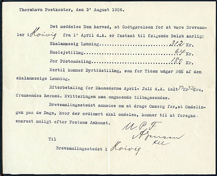 Skrivelse fra Thorshavn postkontor d. 3.8.1926 til Brevsamlingsstedet i Kvivik vedr. godtgørelsen for at være brevsamler.