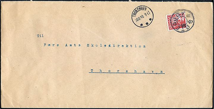 20/15 øre Provisorium på brev annulleret med udslebet stjernestempel GØTEGJOV og sidestemplet Thorshavn d. 30.11.1940 til Thorshavn.