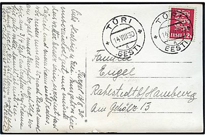 12 s. Løve single på brevkort (Jernbane ved Türi med damptog) stemplet Türi Eesti d. 14.8.1930 til Rahestadt, Tyskland.