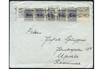 2 mk/70 pen. Provisorium utakket i vandret 5-stribe på 10 mk. frankeret brev fra Tallinn d. 4.9.1920 (?) til Upsala, Sverige.