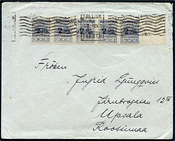 2 mk/70 pen. Provisorium utakket i vandret 5-stribe på 10 mk. frankeret brev fra Tallinn d. 4.9.1920 (?) til Upsala, Sverige.