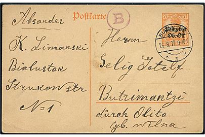 Postgebiet Ob. Ost. 7½  pfg. Germania helsagsbrevkort fra Bialystok d. 26.9.1917 til Butrimentzi via Olita i Geb. Wilna. Violet censurstempel B.