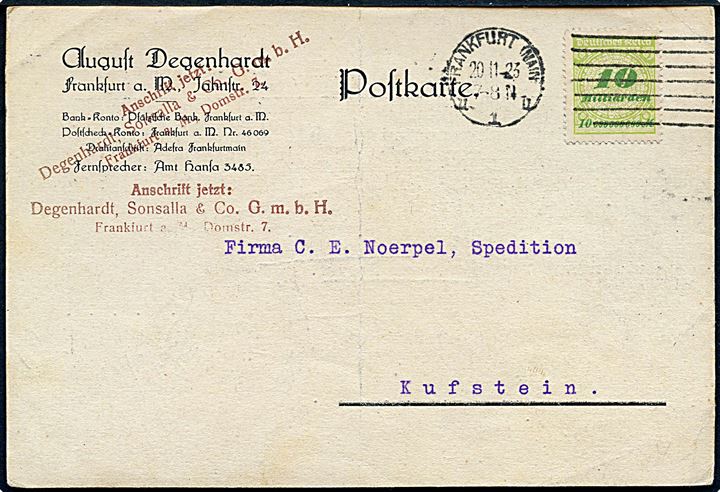 10 mia. mk. Infla udg. single på brevkort fra Frankfurt d. 20.11.1923 til Kufstein.