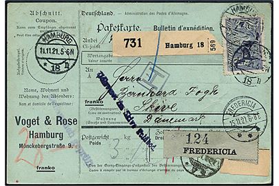 20 mk. Plovmand og 4 mk. Germania i parstykke på for- og bagside af internationalt adressekort for pakke fra Hamburg d. 11.11.1921 via Fredericia til Skive, Danmark.