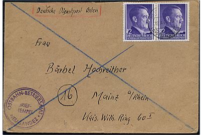 Generalgouvernement. 12 gr. Hitler i parstykke på brev noteret Deutsche Dienstpost Osten fra Neu Sandez d. 18.9.1944 til Mainz, Tyskland. Briefstempel Ostbahn-Betreibsamt Neu Sandez.
