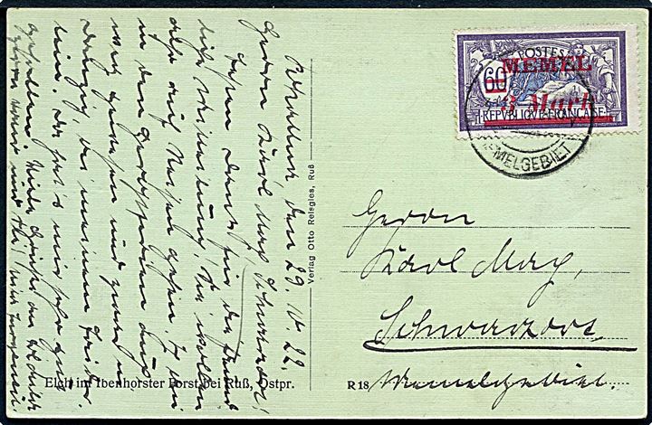 3 mk./60 c. Memel provisorium på lokalt brevkort med svagt stempel ..... / Memelgebiet d. 29.10.1922 til Schwarzort, Memelgebiet.