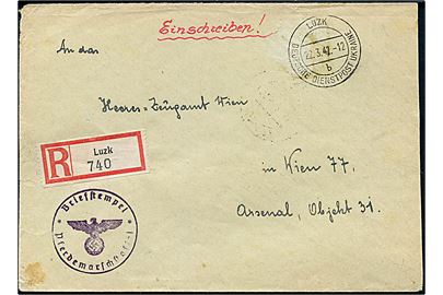 Deutsche Dienstpost Ukraine. Ufrankeret anbefalet feltpostbrev stemplet Luzk d. 22.3.1942 til Wien. Briefstempel fra Pferdemarschstaffel 