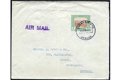 5 pft. single på luftpostbrev stemplet Sudan Air Mail Atbara d. 22.3.1953 via Khartoum til Søborg, Danmark.