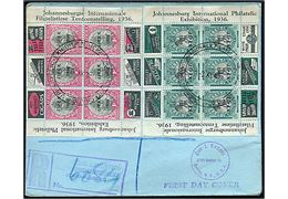 ½d og 1d JIPEX blok udg. på anbefalet brev annulleret med udstillingsstempel i Johannesburg d. 2.11.1936 til New York, USA.
