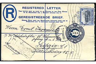 4d George V anbefalet helsagskuvert overtrykt S.W.A. opfrankeret med 3d fra Windhoek d. 21.5.1932 til Leipzig, Tyskland.