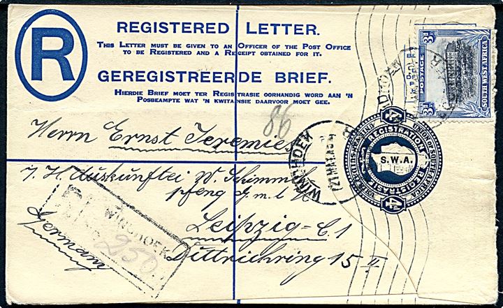 4d George V anbefalet helsagskuvert overtrykt S.W.A. opfrankeret med 3d fra Windhoek d. 21.5.1932 til Leipzig, Tyskland.