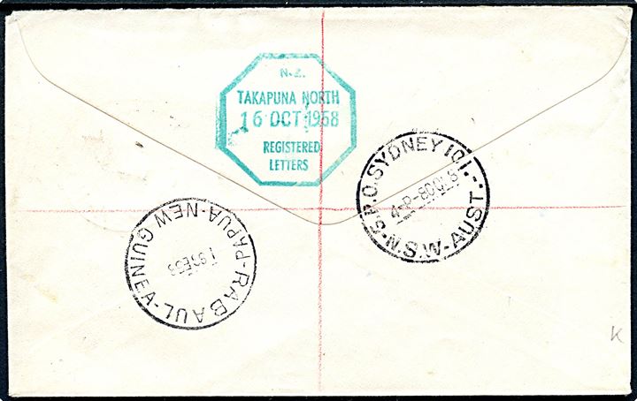 1'7 sh. single på anbefalet brev fra Kokopo annulleret med hjælpestempel Relief No. 1 Papur N.G. d. 17.9.1958 via Rabaul og Sydnew til New Zealand.