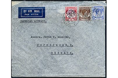 5 c., 12 c. og 25 c. George VI på luftpostbrev noteret Imperial Airways fra Penang d. 16.8.1938 til København, Danmark.