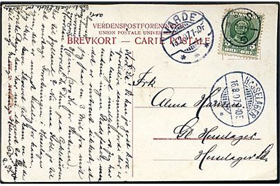 5 øre Fr. VIII på brevkort annulleret med sjældent stjernestempel SIG og sidestemplet Varde d. 15.8.1907 til Hesselager. Skilling 1200,-