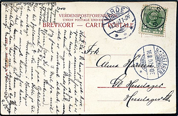5 øre Fr. VIII på brevkort annulleret med sjældent stjernestempel SIG og sidestemplet Varde d. 15.8.1907 til Hesselager. Skilling 1200,-