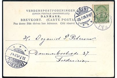 5 øre Våben på brevkort (Falsled Kro set fra Stranden) annulleret med stjernestempel FALSLED og sidestemplet Assens d. 30.7.1905 til Fredericia.